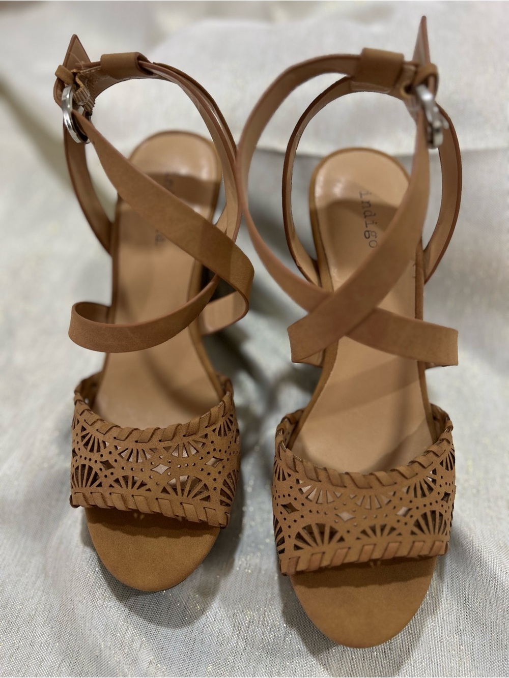 Tan Strappy Laser-Cut wedge Heel Sandals
